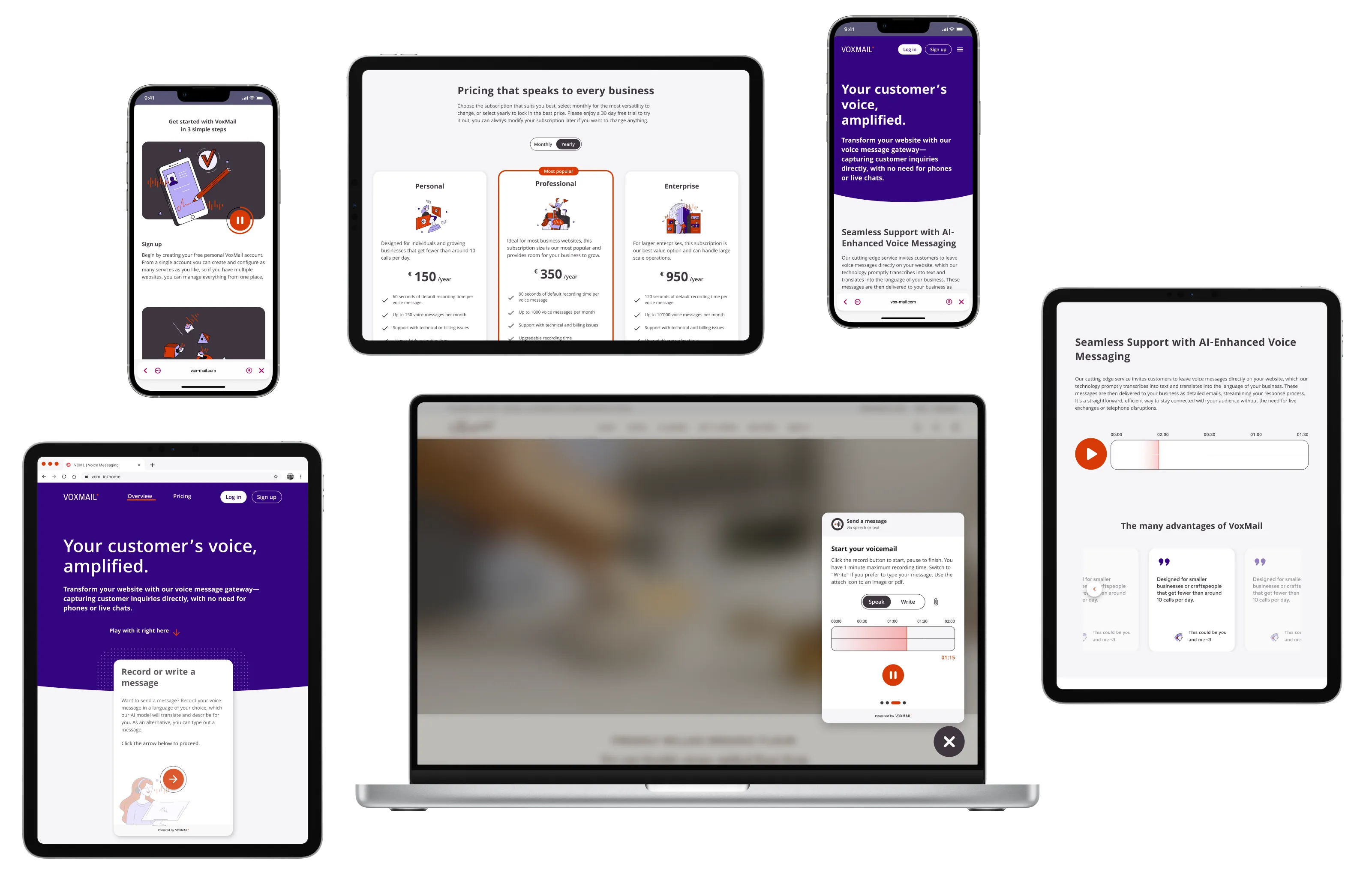 VoxMail website and widget across desktop, tablet and mobile