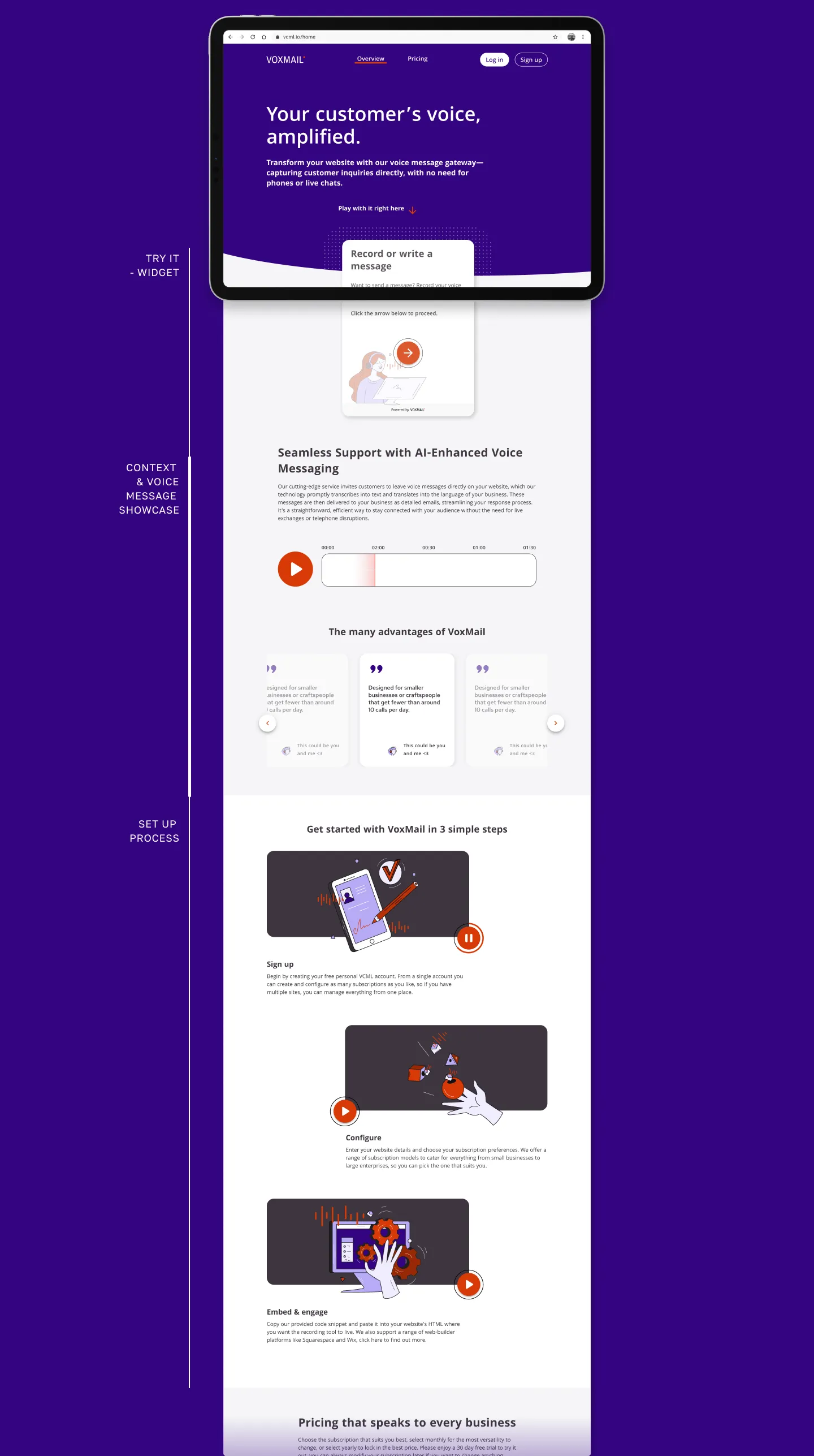 VoxMail full website experience rendered on an iPad Pro