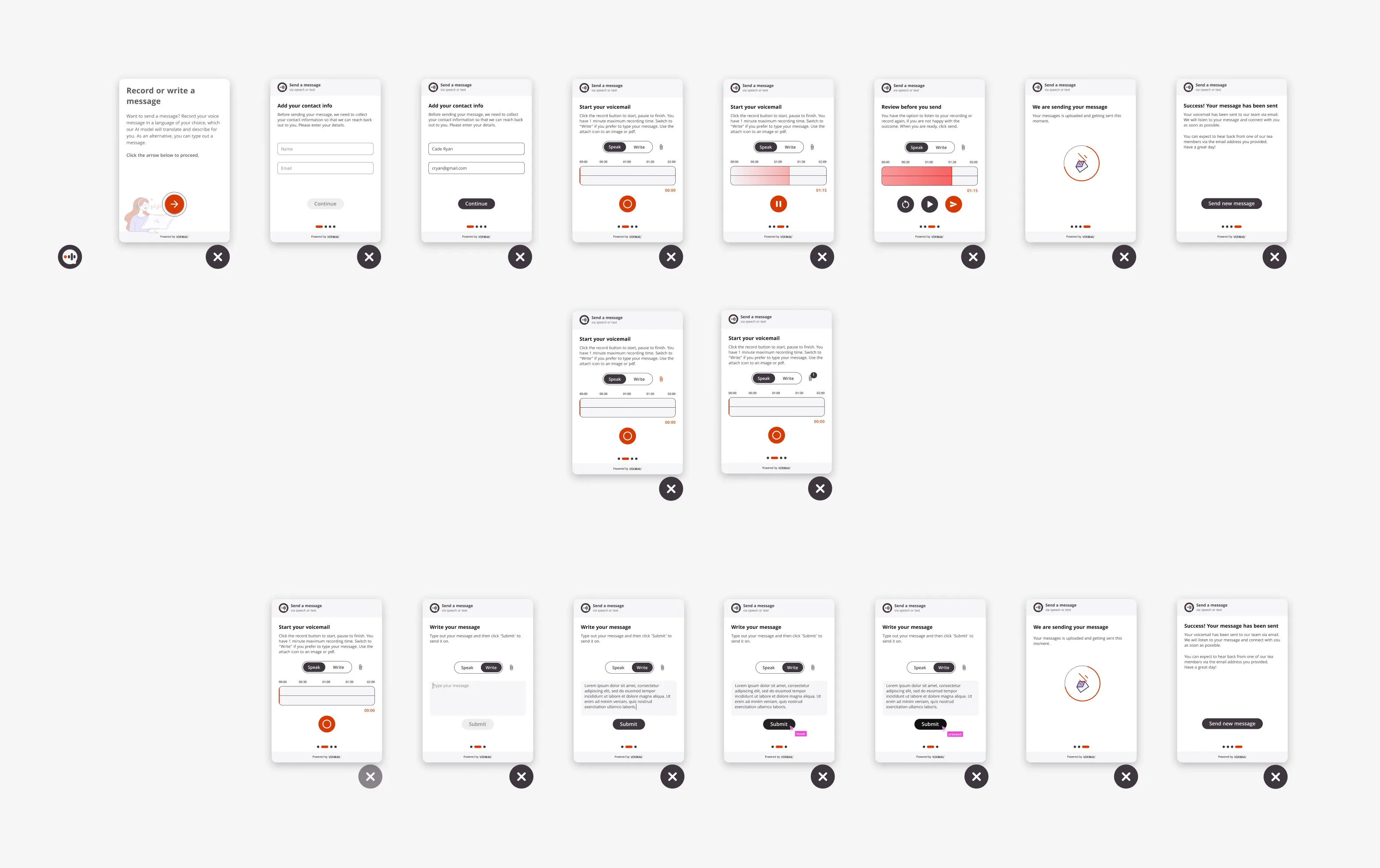 Figma renders of the VoxMail widget screens and states