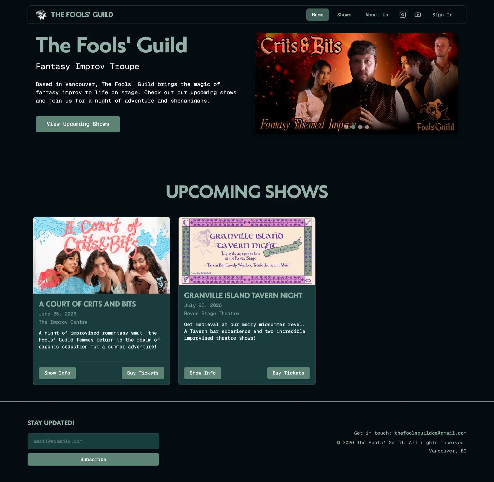 The Fools' Guild homepage from hero to footer