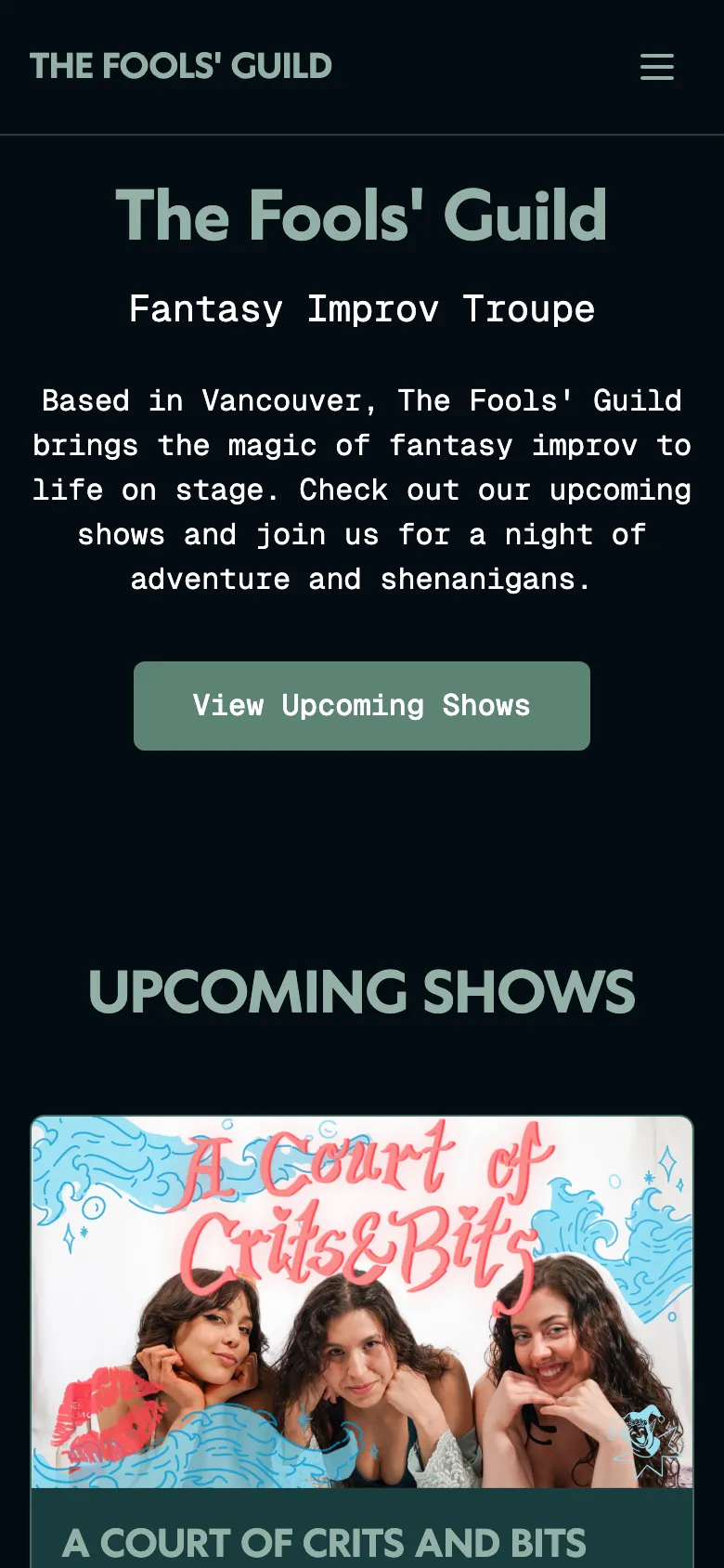 The Fools' Guild homepage on mobile