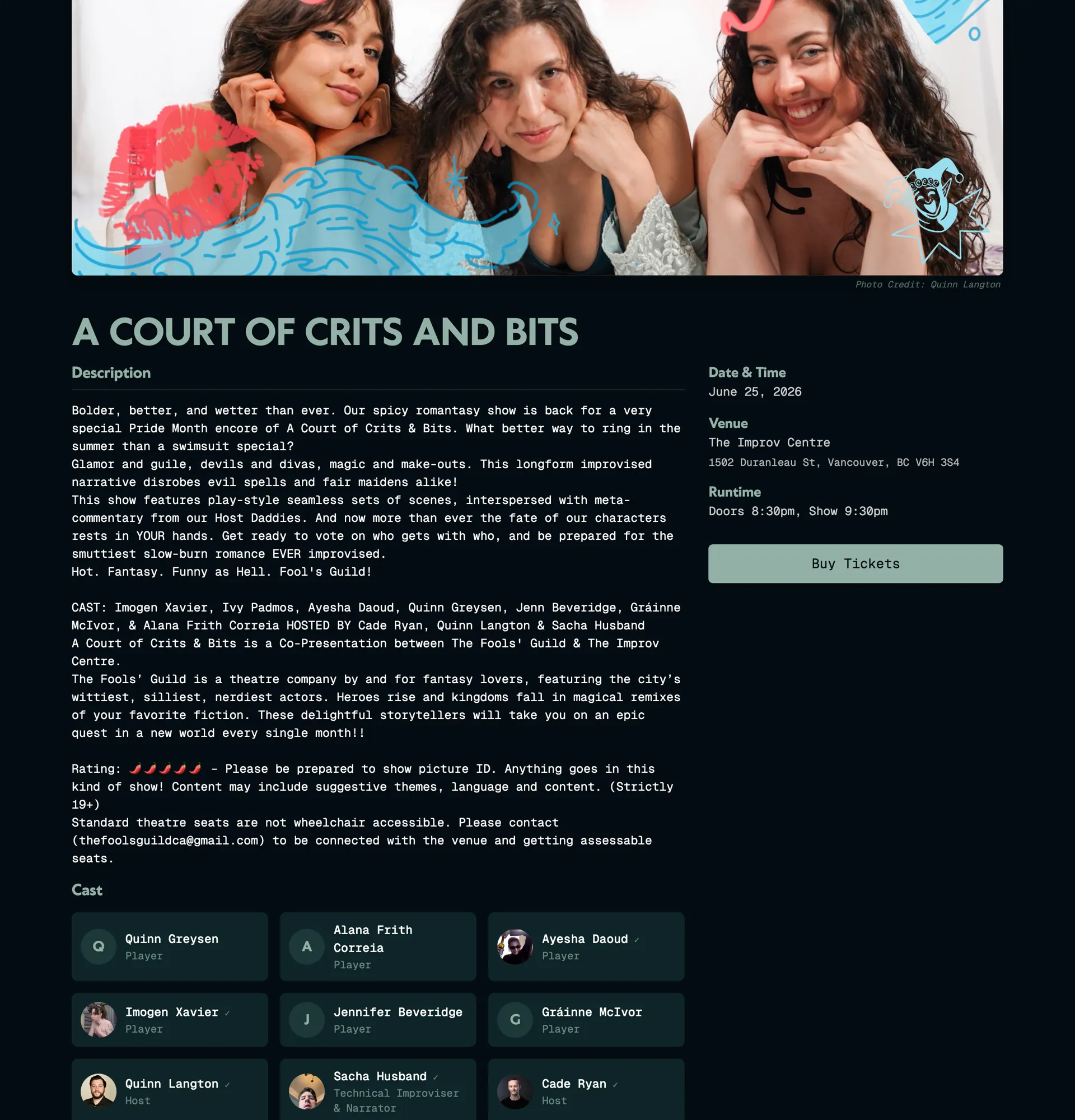 A Court of Crits and Bits show page with description, cast and ticket sidebar