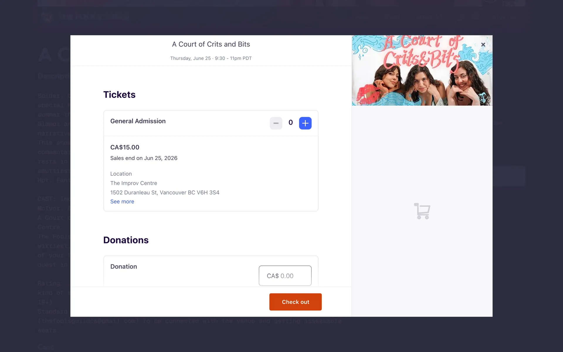 In-page ticket checkout modal with quantities, pricing and donations